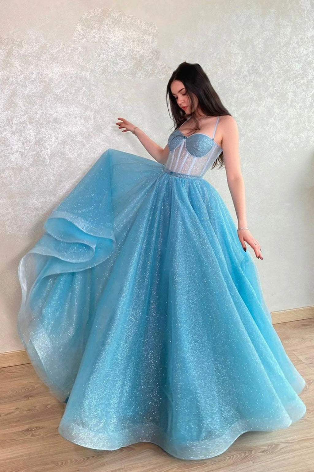 Mavis | Blue Tulle Long A-Line Prom Dress, Blue Lace-Up Evening Dress with  Corset