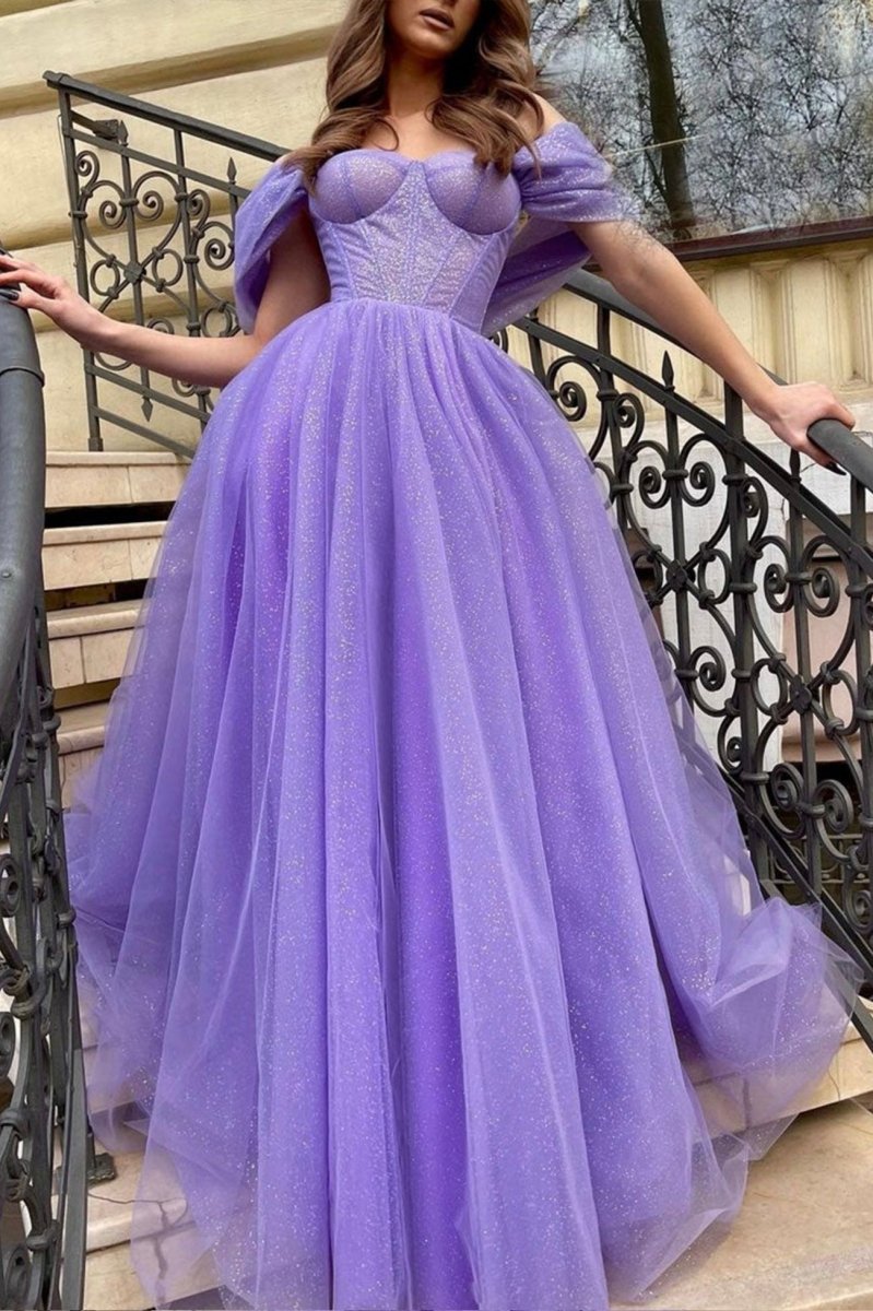 Cheyenne | Purple Tulle Long A - Line Prom Dress Off the Shoulder Evening Party Dress - KissProm