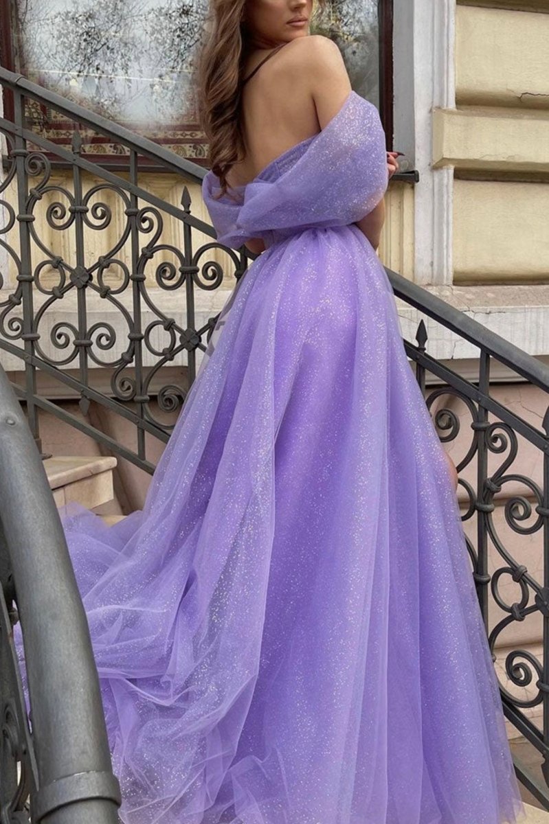 Cheyenne | Purple Tulle Long A - Line Prom Dress Off the Shoulder Evening Party Dress - KissProm