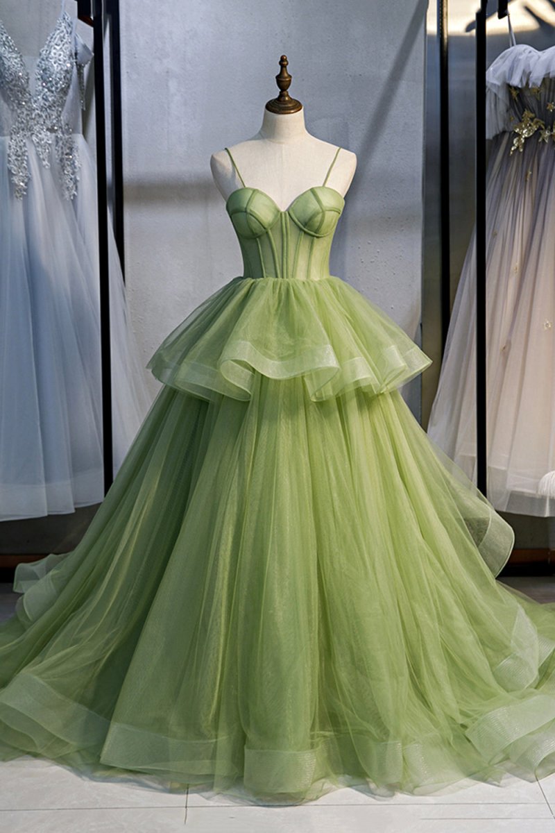 Ellianna | Green Sweetheart Tulle Long Prom Dress, Beautiful A - Line Evening Graduation Dress - KissProm