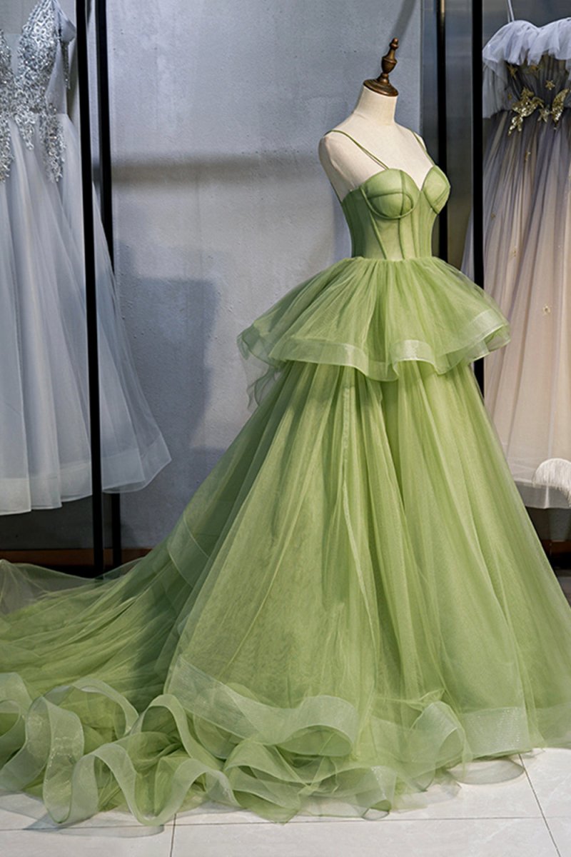 Ellianna | Green Sweetheart Tulle Long Prom Dress, Beautiful A - Line Evening Graduation Dress - KissProm