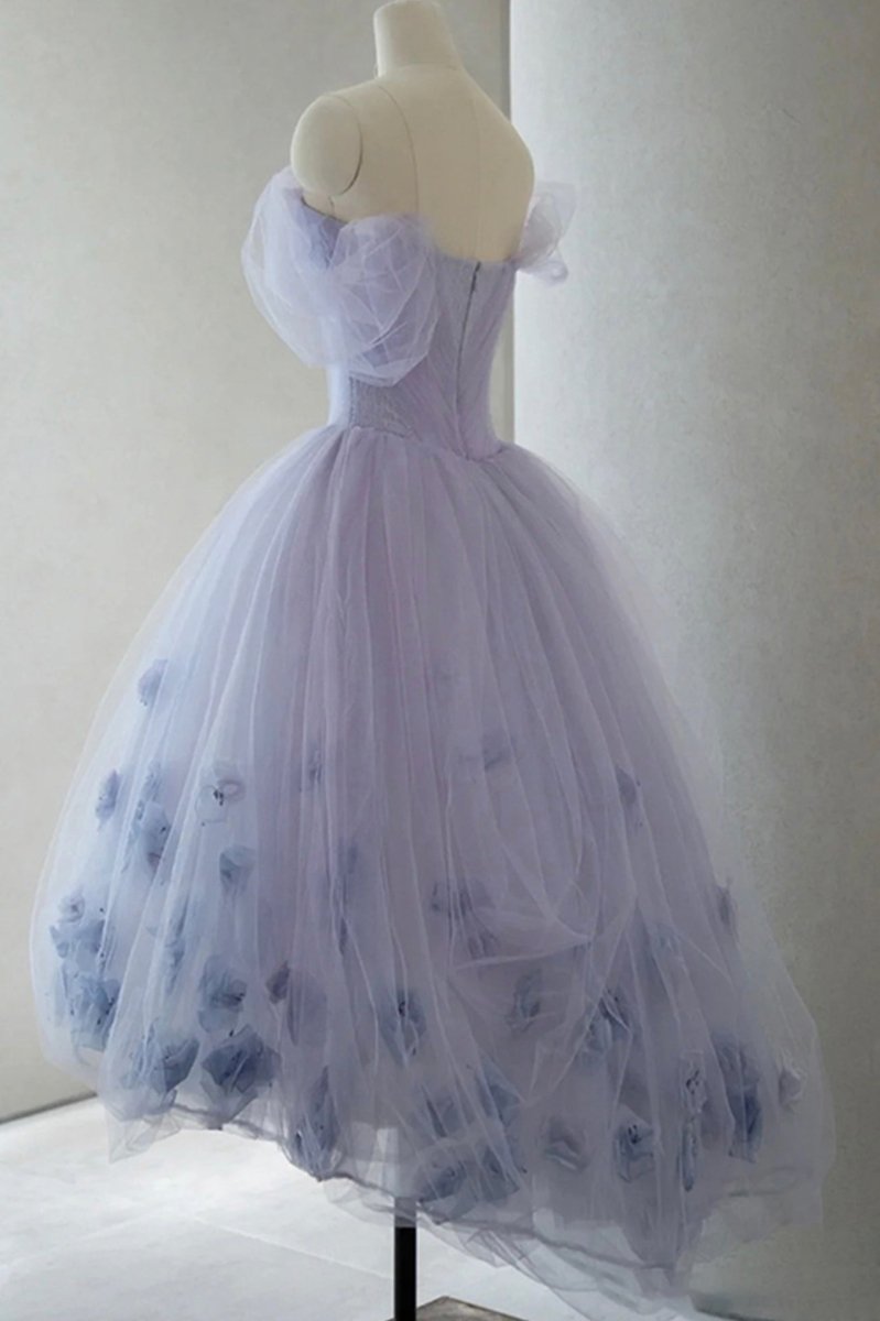 Kenna | Purple Tulle Short A - Line Prom Dress Cute Off the Shoulder Party Dress - KissProm