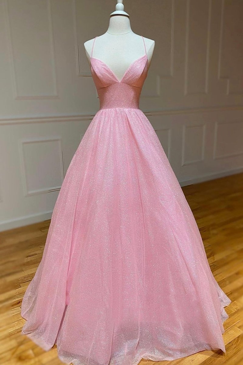 Elodie | Pink Tulle Long Backless Prom Dress A - Line V Neck Party Dress - KissProm