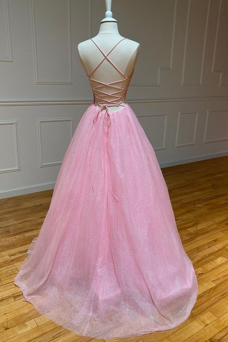 Elodie | Pink Tulle Long Backless Prom Dress A - Line V Neck Party Dress - KissProm