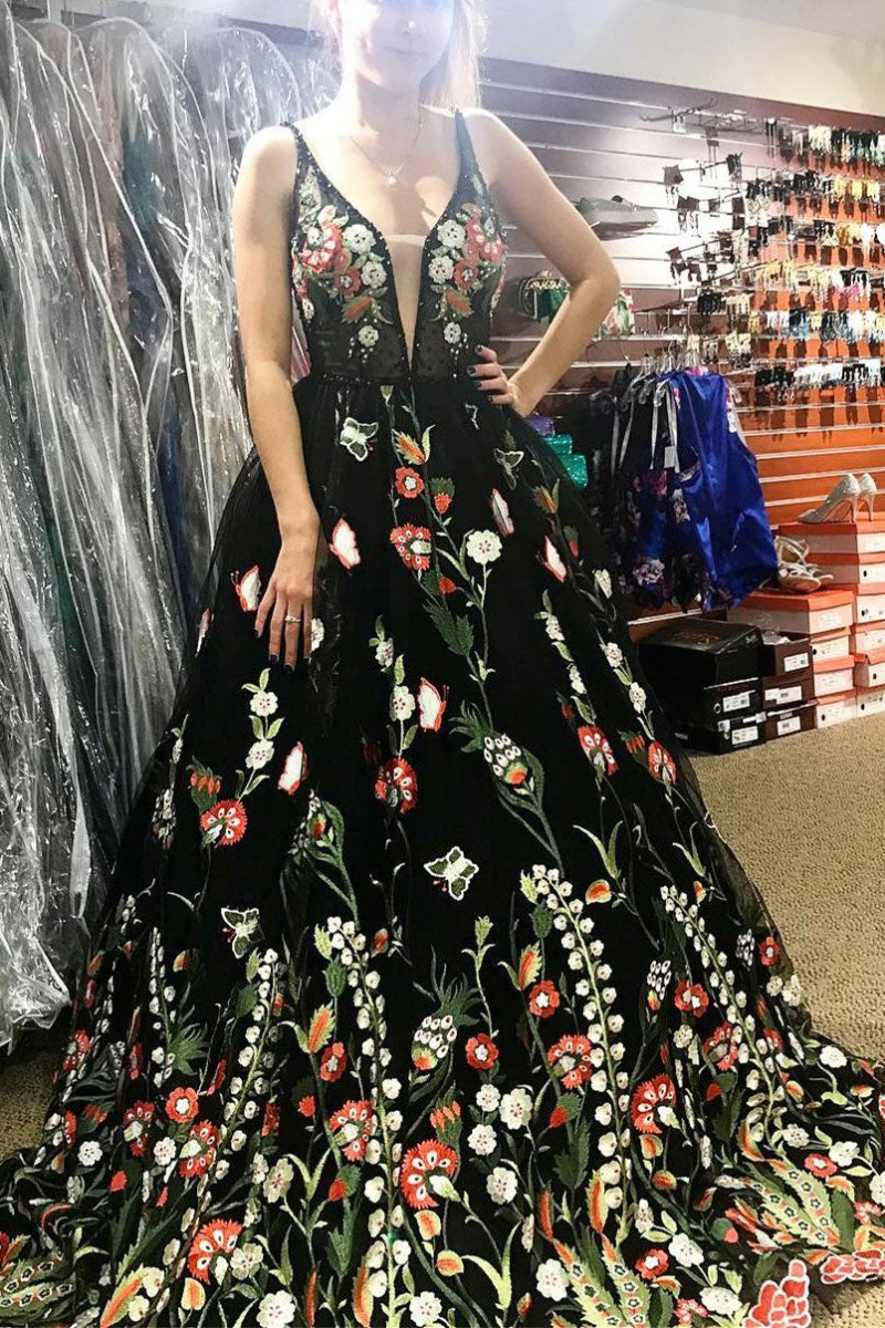 Harlee | Gorgeous Black Floral Embroidered Prom Dress - KissProm