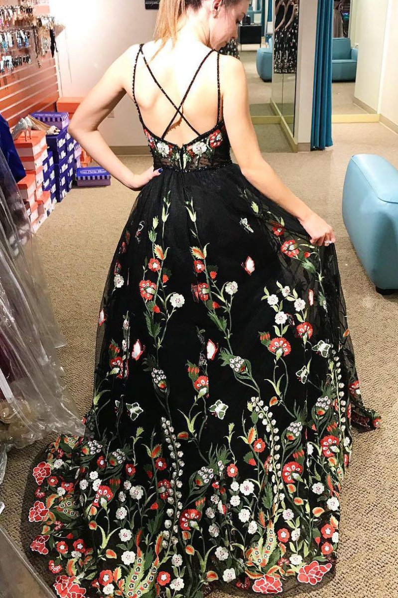 Harlee | Gorgeous Black Floral Embroidered Prom Dress - KissProm