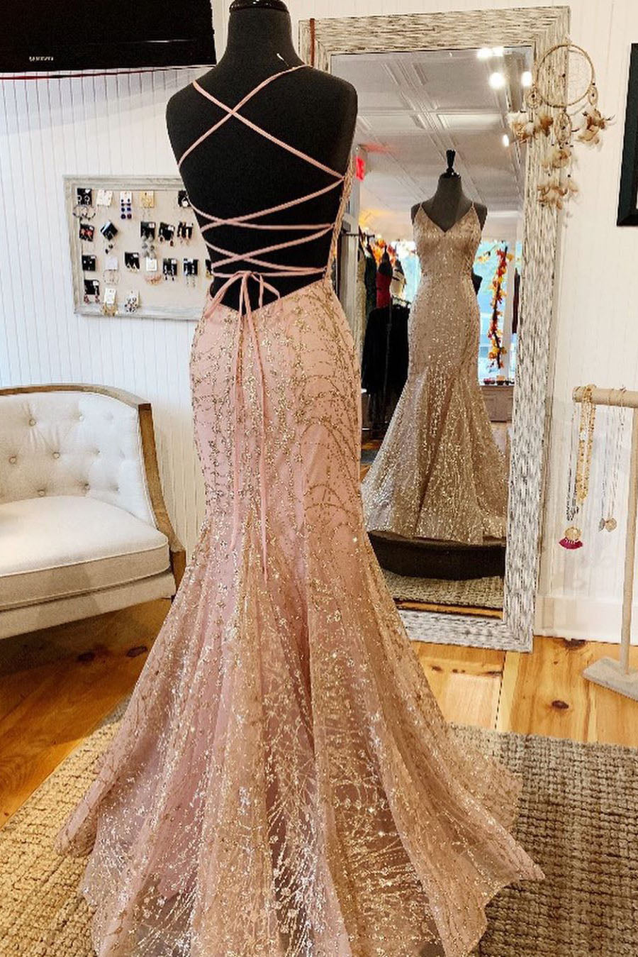 Zaylee Mermaid V Neck Rose Gold Long Prom Dress with Criss Cross