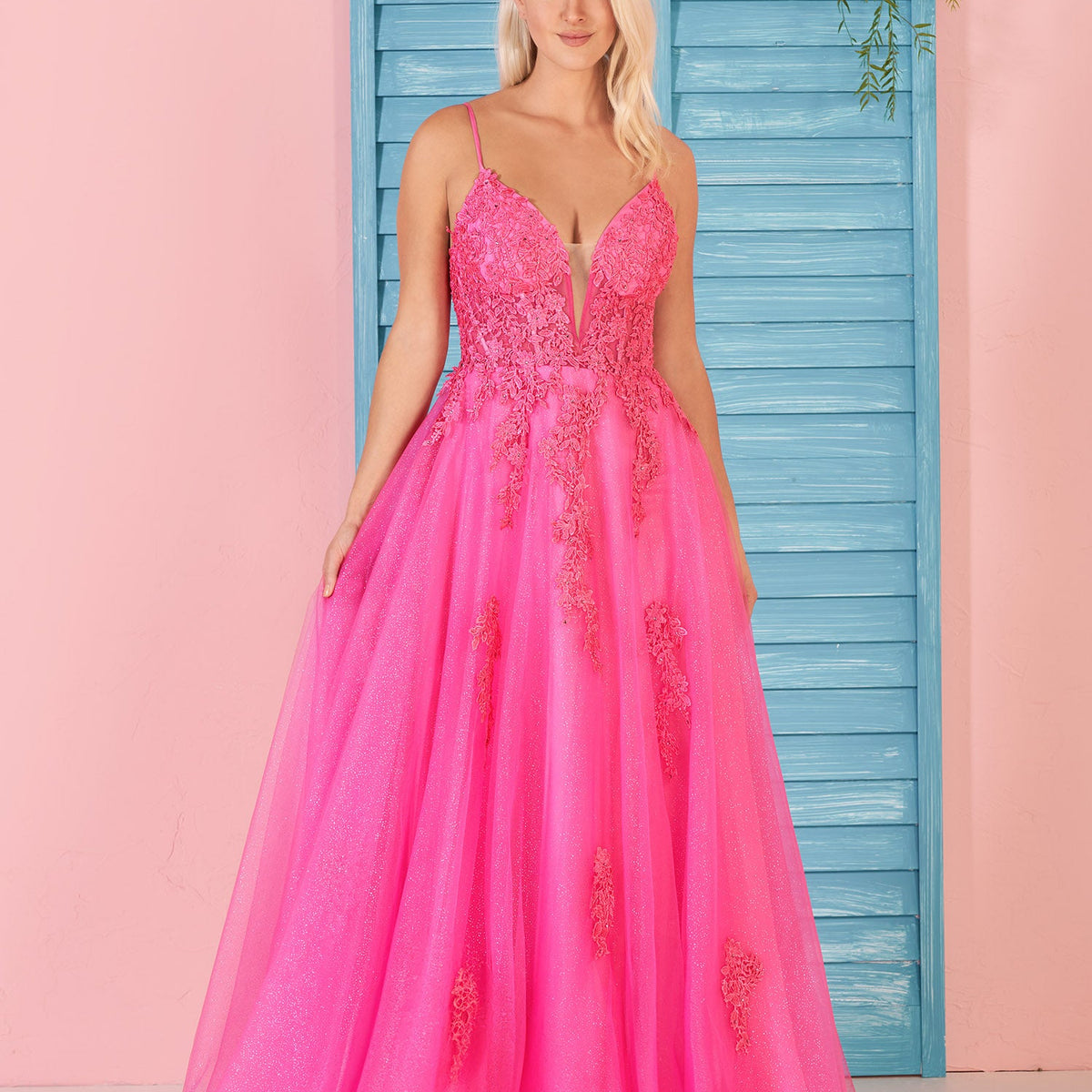 KissProm Angelina Pink V Neck A Line Lace Glitter Tulle Long Prom Dress with Pockets Hot Pink / 18