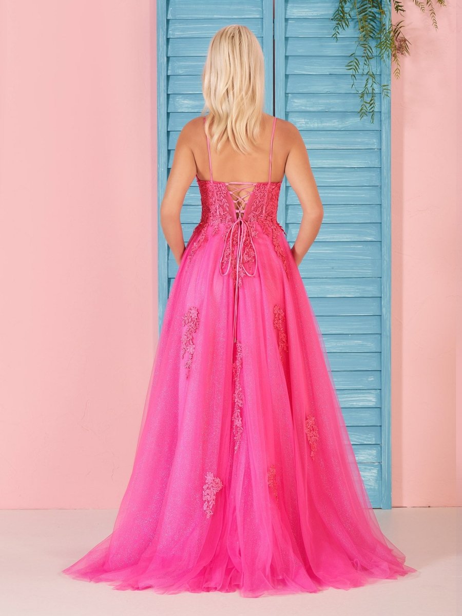 Angelina | A Line V Neck Pink Lace Long Prom Dress - KissProm