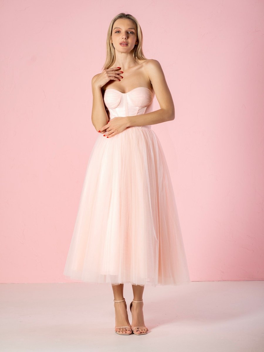 Strapless Puffy Midi Tulle Dress - KissProm