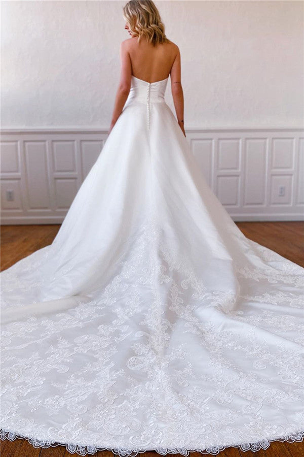 Wrenlee | Lace Appliques Long Strapless White Wedding Dress with Pockets