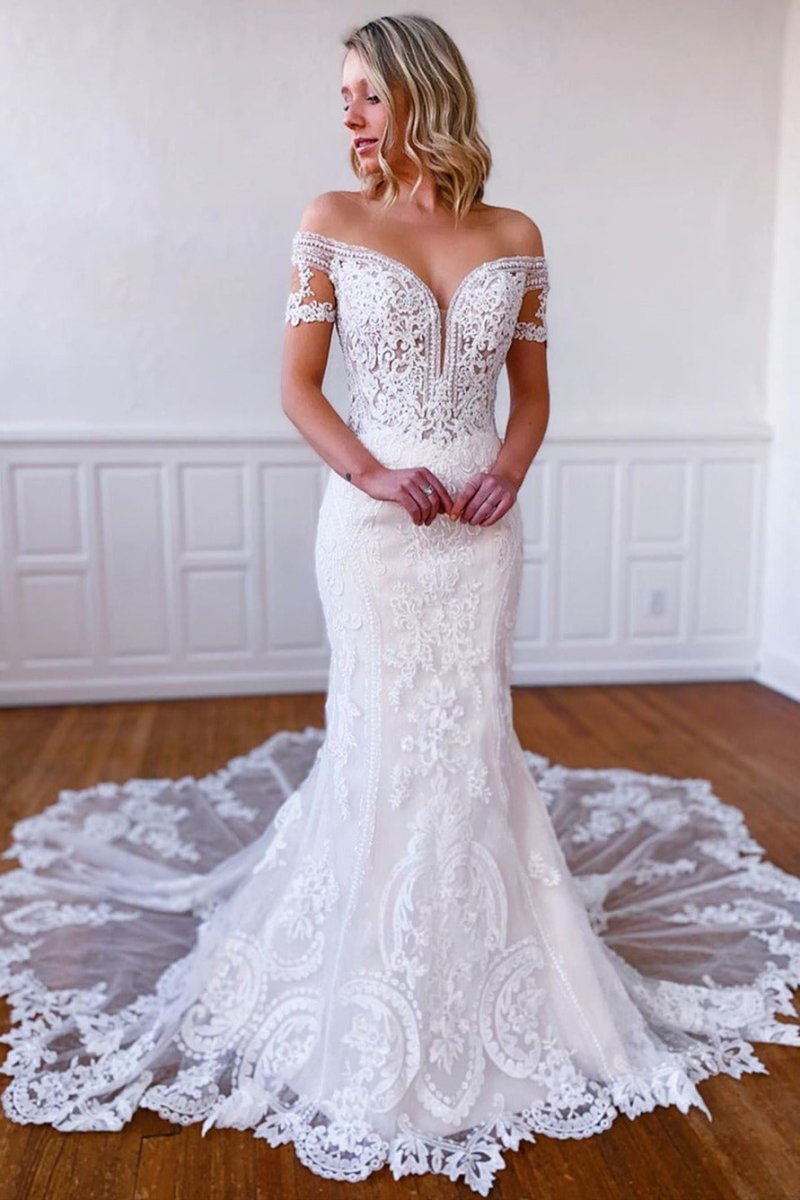 Laney | Mermaid Off - the - Shoulder Short Sleeves Long White Lace Bridal Dress - KissProm