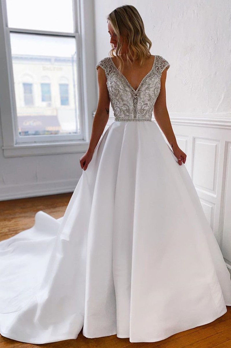 Marleigh | A - Line V - Neck Long White Wedding Dress with Silver Beads - KissProm