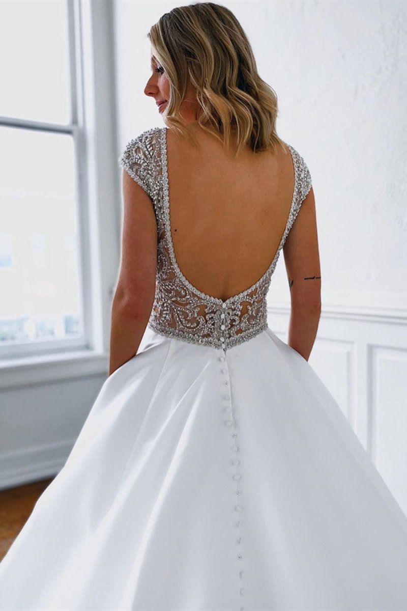 Marleigh | A - Line V - Neck Long White Wedding Dress with Silver Beads - KissProm