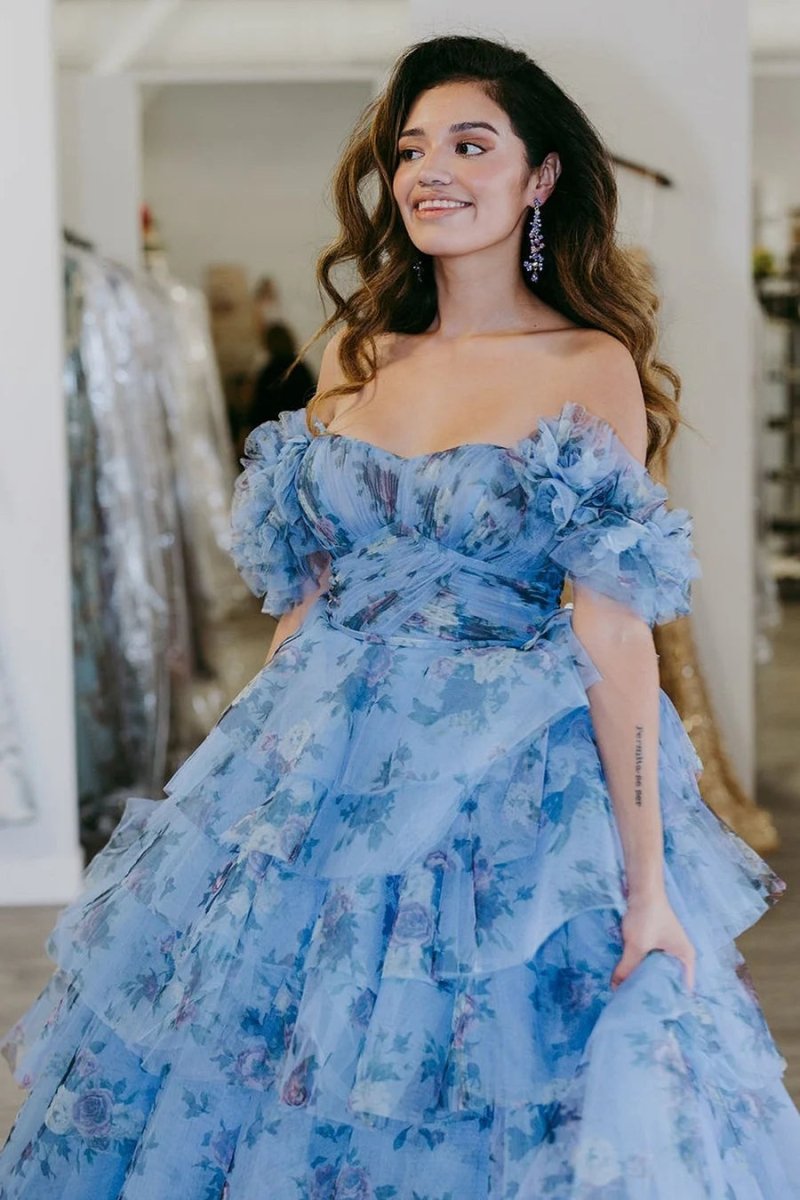 Sigourney | Blue Floral Tiered A - Line Long Prom Dress with Ruffles - KissProm