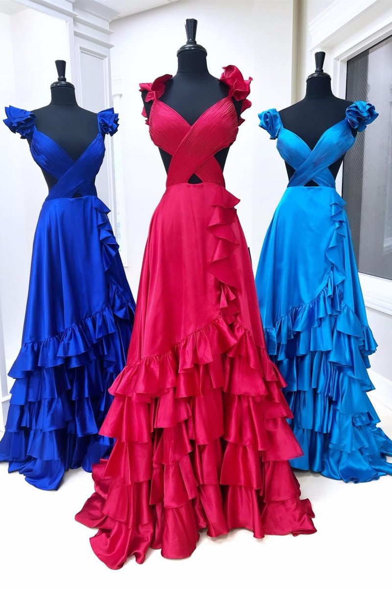 Brittany | Red Cutout Ruffle A - Line Long Prom Dress with Slit - KissProm