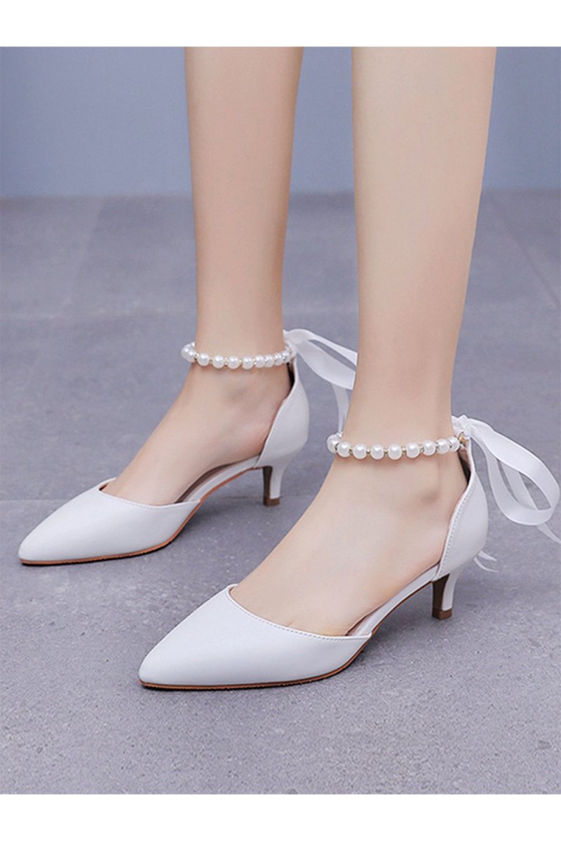 Pointed Toe Kitten Heels Ankle - Strap Wedding Shoes - KissProm