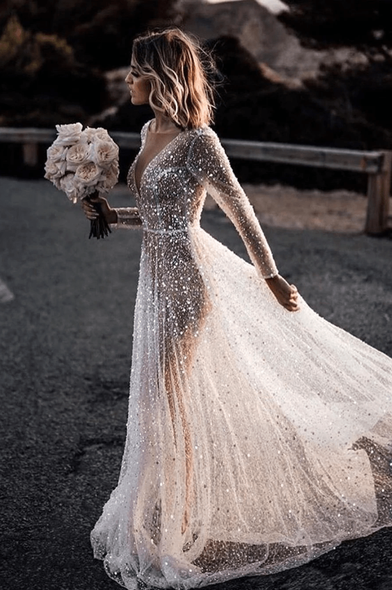 Frayah | Bohemian A - Line Sparkly Sequined Luxury Wedding Dresses - KissProm