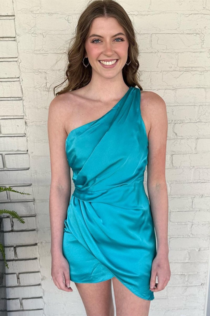 Jade Faux - Wrap One Shoulder Satin Homecoming Dress - KissProm