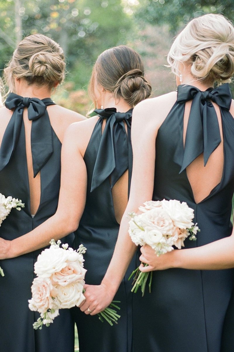 Black Halter Cutout Back Long Bridesmaid Dress - KissProm