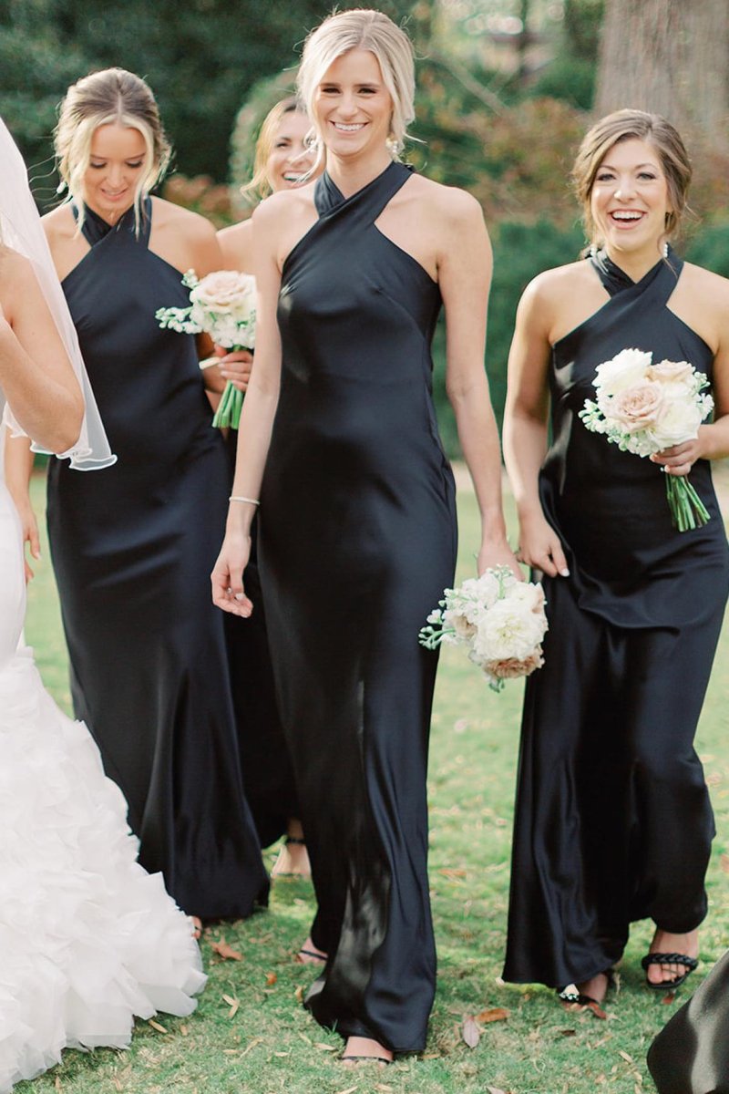 Black Halter Cutout Back Long Bridesmaid Dress - KissProm