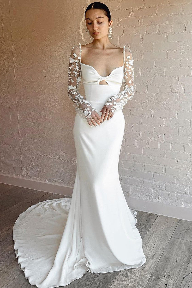 Elegant Mermaid Sweetheart Satin Long Wedding Dresses with Long Sleeves - KissProm