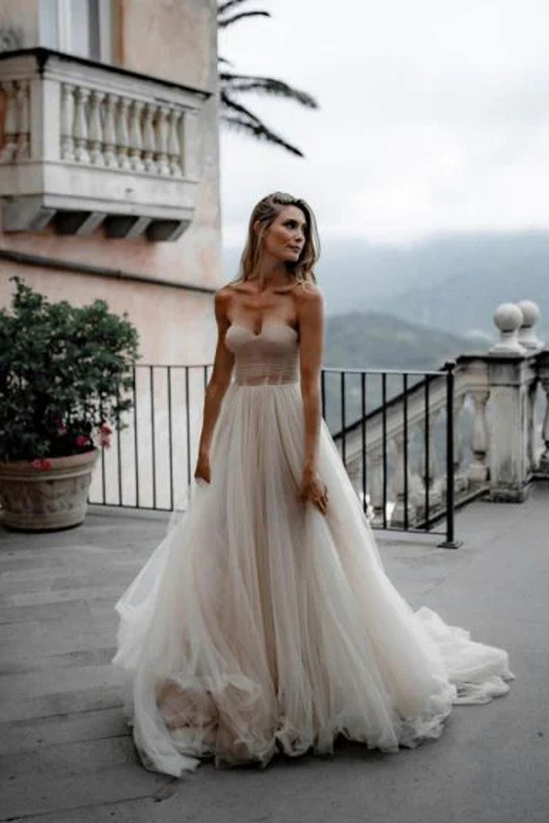 A - Line Sweetheart Tulle Long Wedding Dresses - KissProm