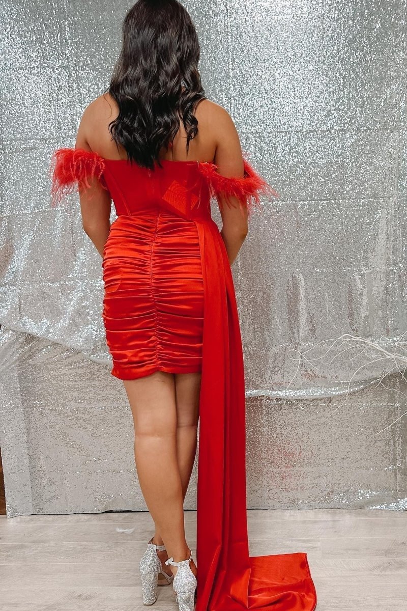 Haley | Red Halter Ruching Homecoming Dress with Attached Train - KissProm