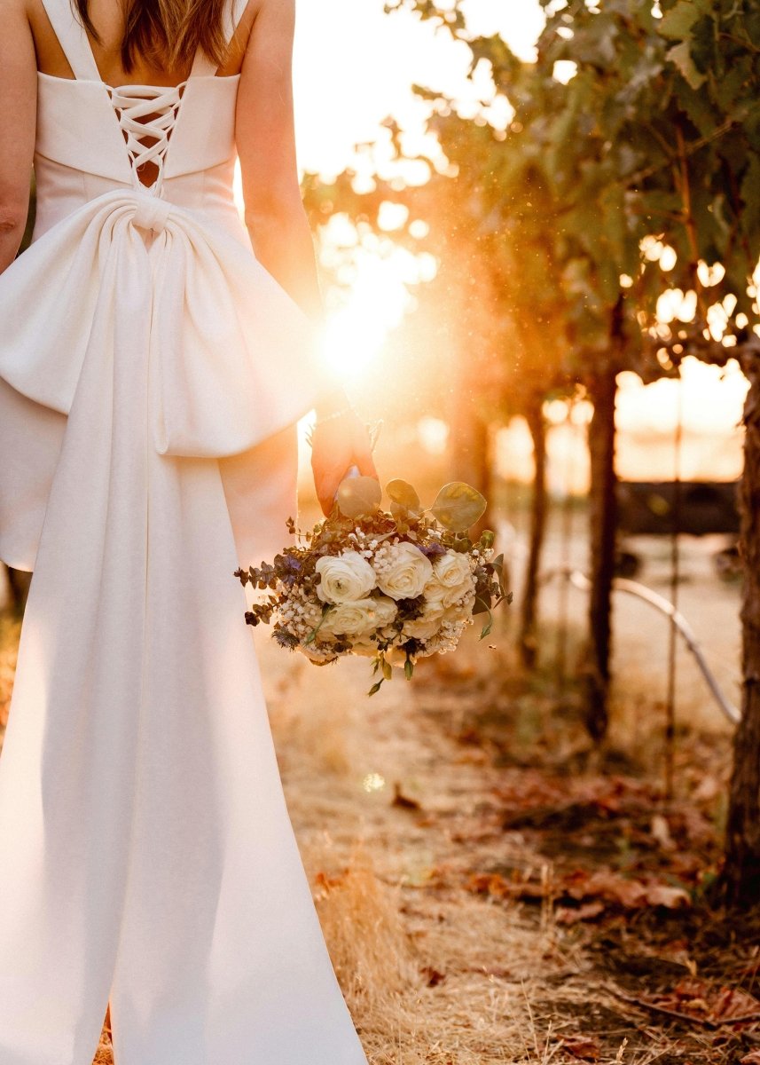 Yvaine | Square Neck White Satin Short Wedding Dress with Bow Back and Veil - KissProm