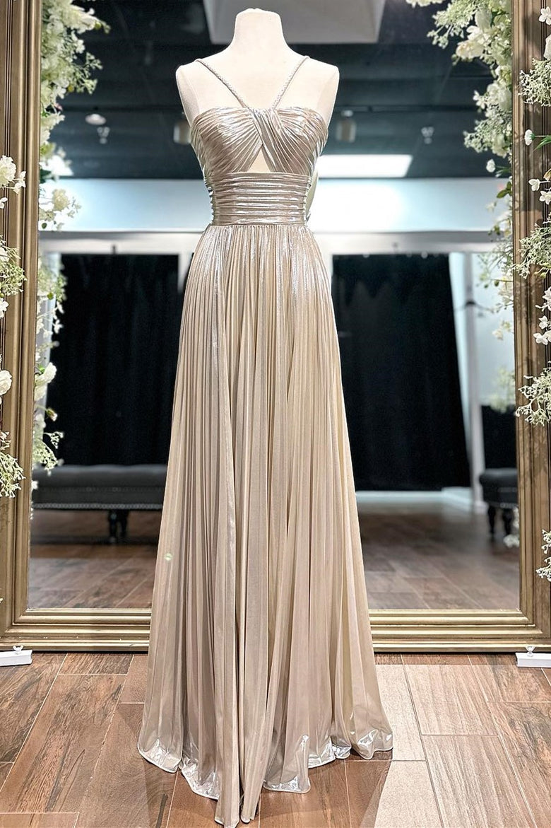 Madalyn| Metallic Keyhole Spaghetti Strap Long Prom Dress with Slit - KissProm