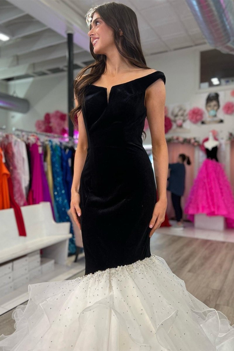 Black Velvet Off - the - Shoulder Multi - Layer Trumpet Formal Gown - KissProm