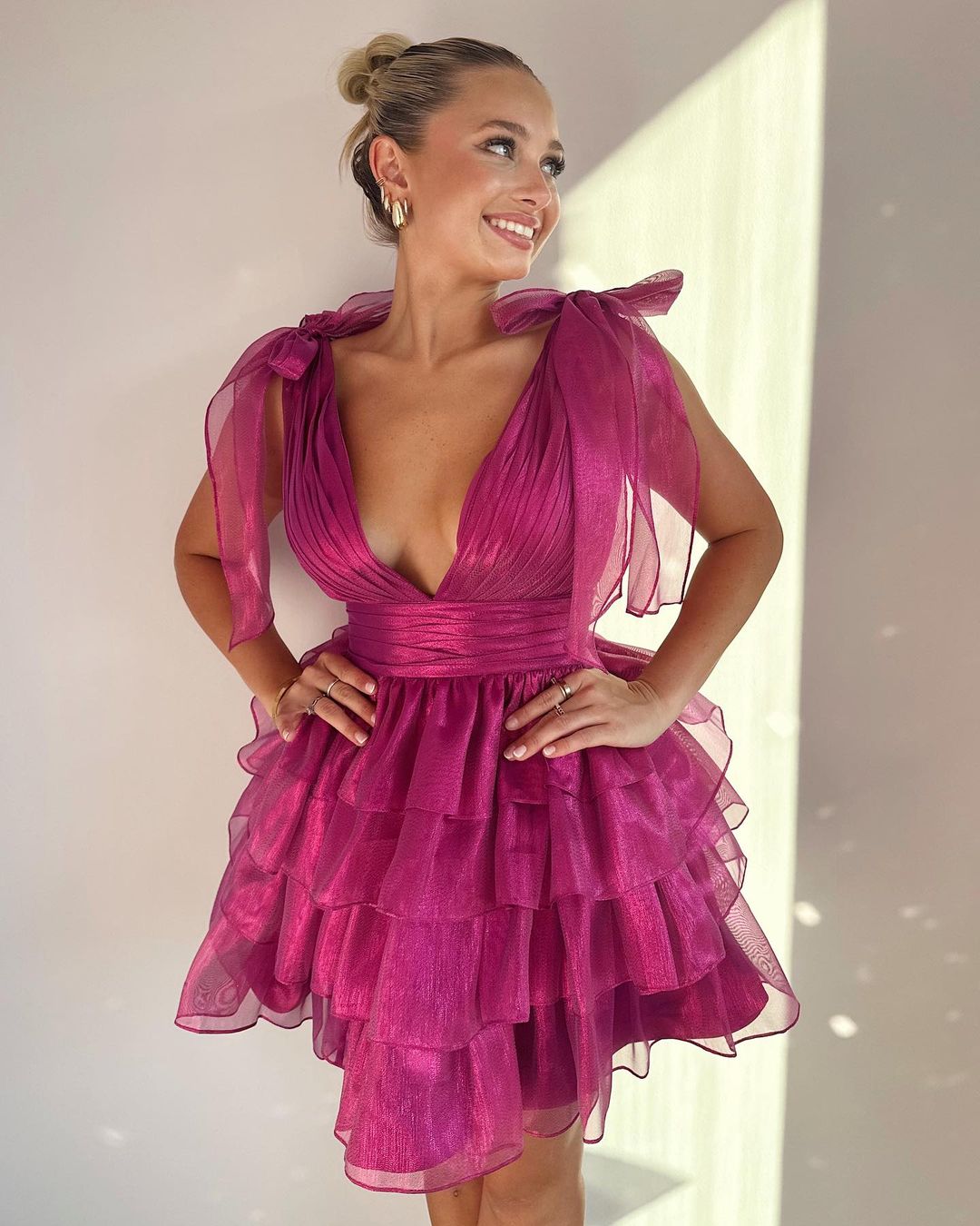 Joleen | Trendy Pink A-Line Tiered Homecoming Dress with Bow