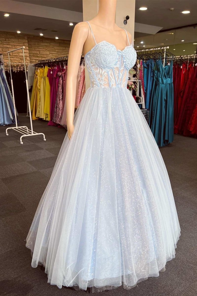 Light Blue Floral Lace Sweetheart A - Line Prom Dress - KissProm