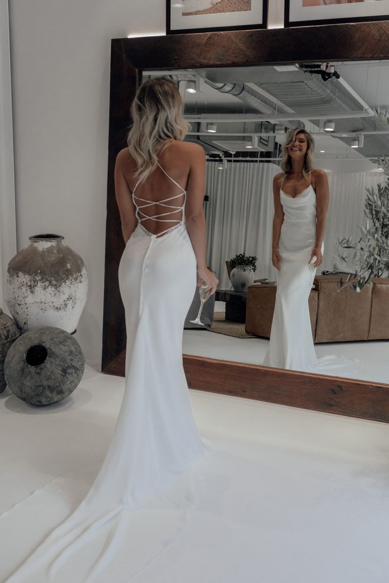 Cordelia | Mermaid Satin White Spaghetti - Straps Wedding Dresses With Lace - Up Back - KissProm