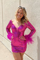 Ronna | V Neck Hot Pink Sequins Short Tight Homecoming Dress - KissProm