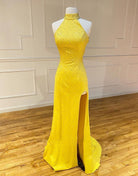 Aliyah | High Neck Mermaid Yellow Prom Dress with Split - KissProm