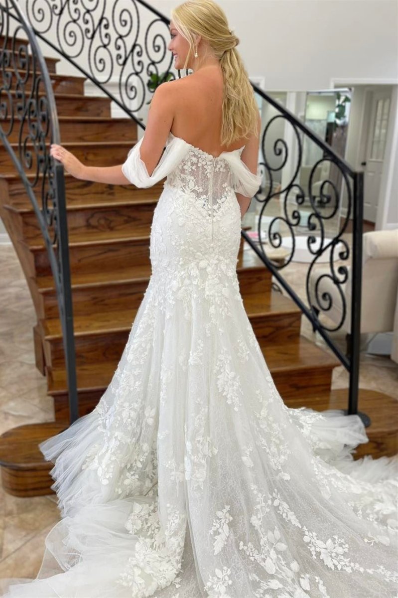 Ivory Tulle Appliques Off - the - Shoulder Mermaid Long Wedding Dress - KissProm