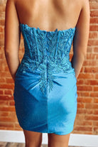 Kaliyah | Periwinkle Appliques Strapless Sheer Bodice Ruched Short Dress - KissProm