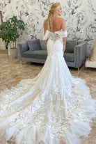 Ivory Tulle Appliques Off - the - Shoulder Mermaid Long Wedding Dress - KissProm