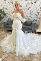 Ivory Tulle Appliques Off - the - Shoulder Mermaid Long Wedding Dress - KissProm