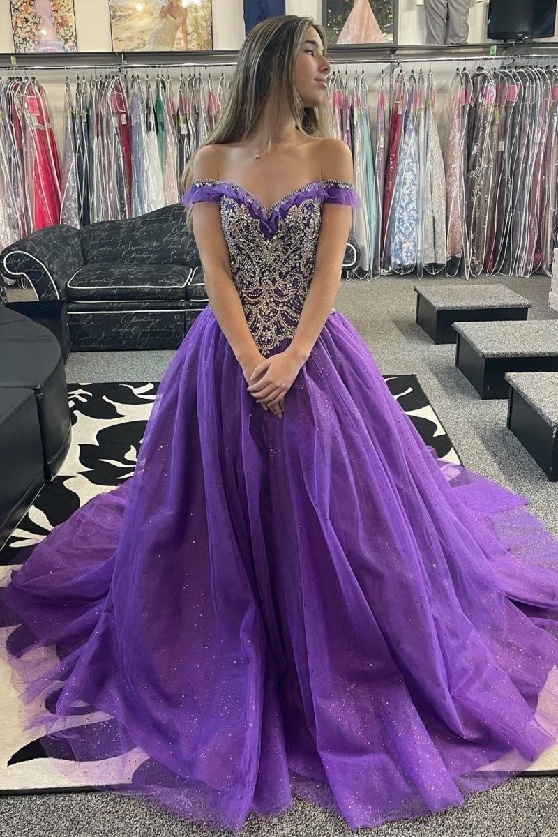 Quinceanera Dress Princess Purple Beaded Off - the - Shoulder Ball Gown - KissProm