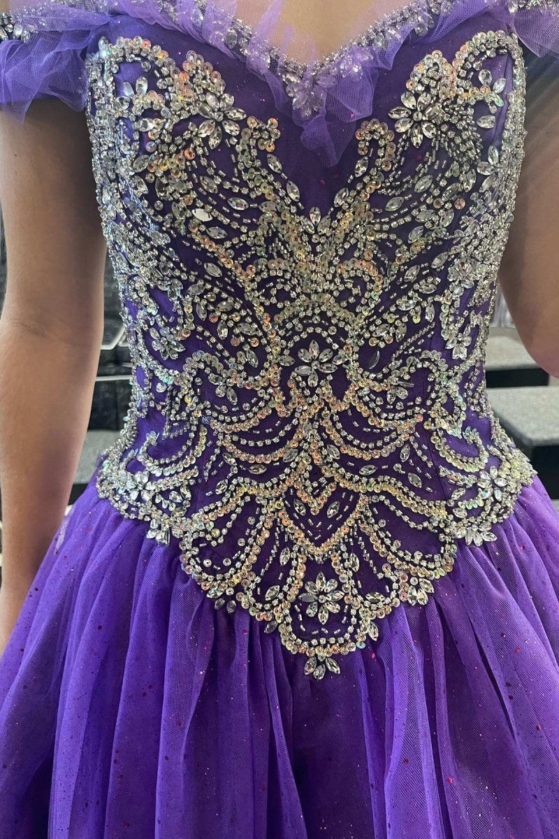 Quinceanera Dress Princess Purple Beaded Off - the - Shoulder Ball Gown - KissProm