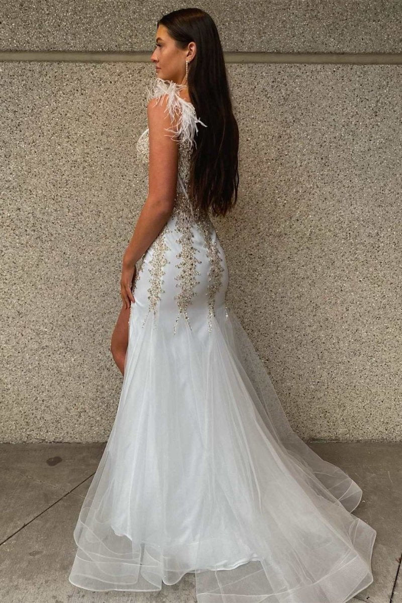 White Beaded Feather V - Neck Mermaid Long Formal Dress with Slit - KissProm