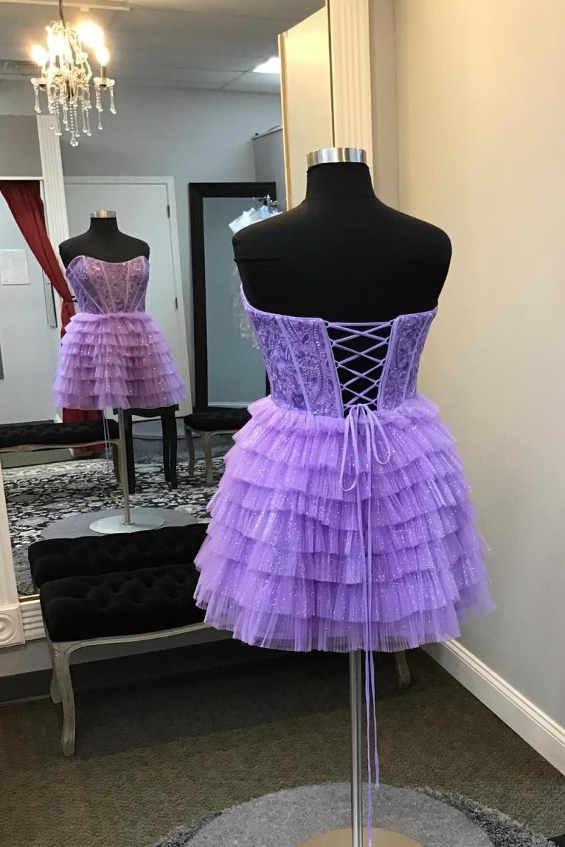 Sweetheart Purple A - line Tiered Ruffle Short Dress - KissProm