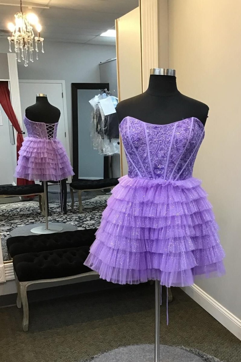 Sweetheart Purple A - line Tiered Ruffle Short Dress - KissProm