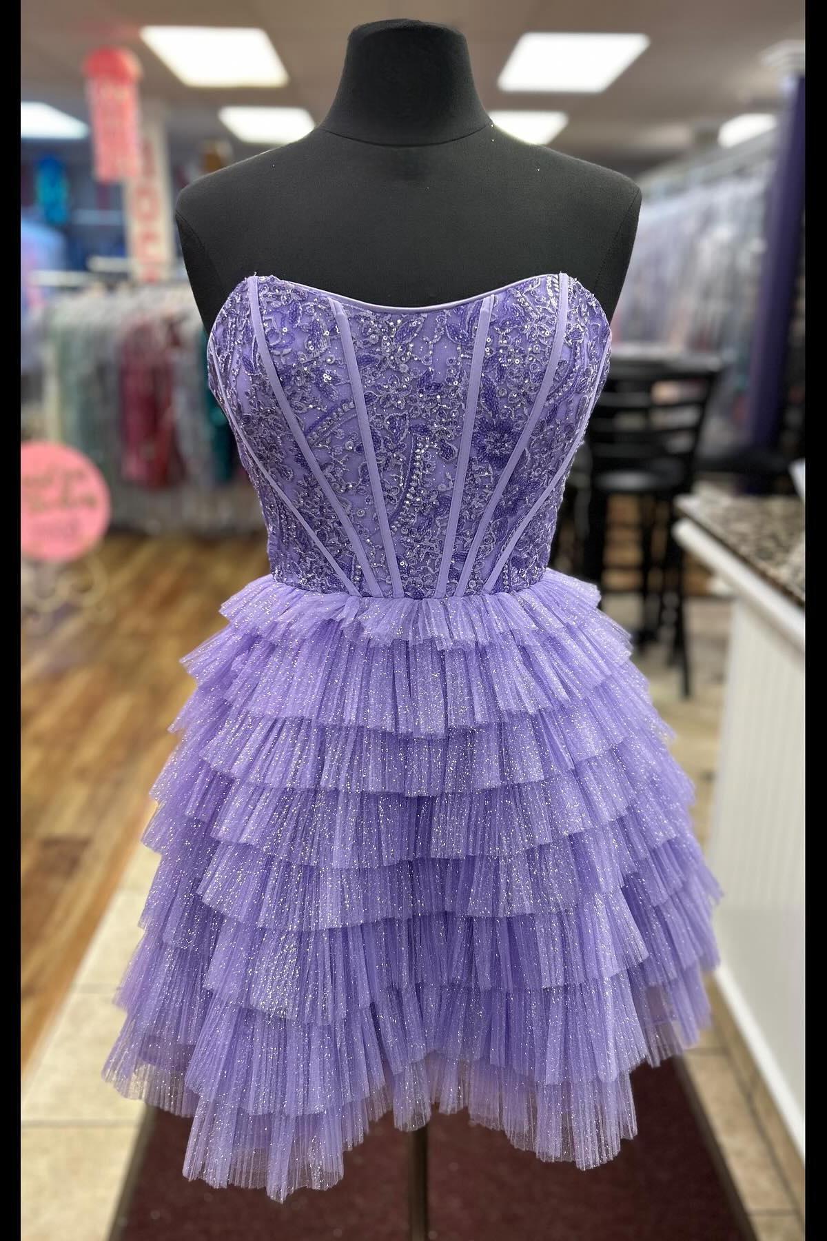 Sweetheart Purple A-line Tiered Ruffle Short Dress