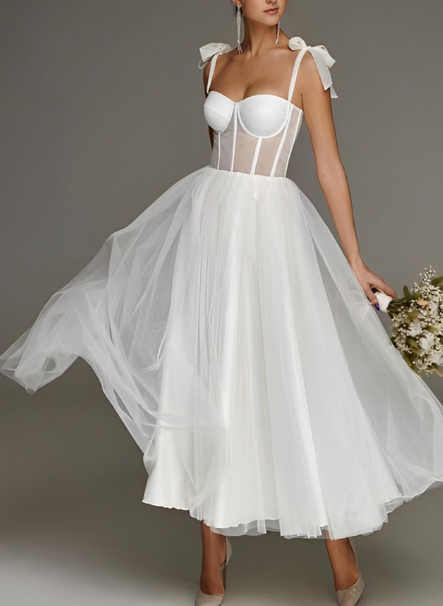 Sex Short White Wedding Dresses With Tulle Tea - Length - KissProm