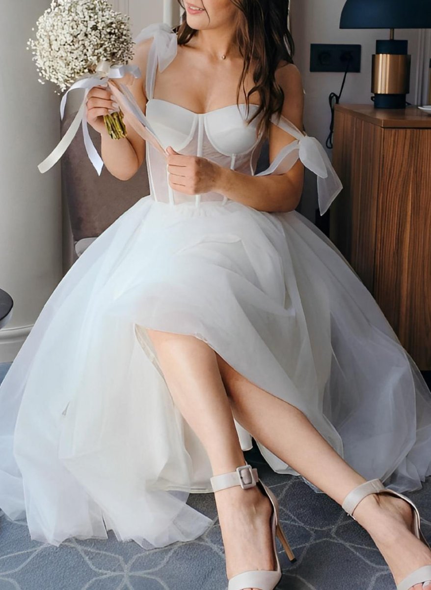 Sex Short White Wedding Dresses With Tulle Tea - Length - KissProm