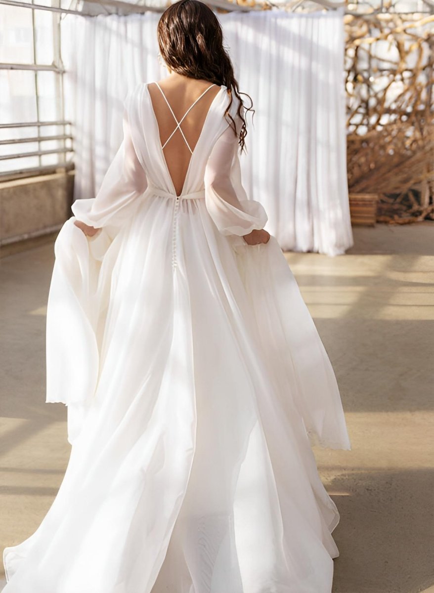 A - Line Illusion Neck Long Sleeves Sweep Train Organza Wedding Dresses - KissProm