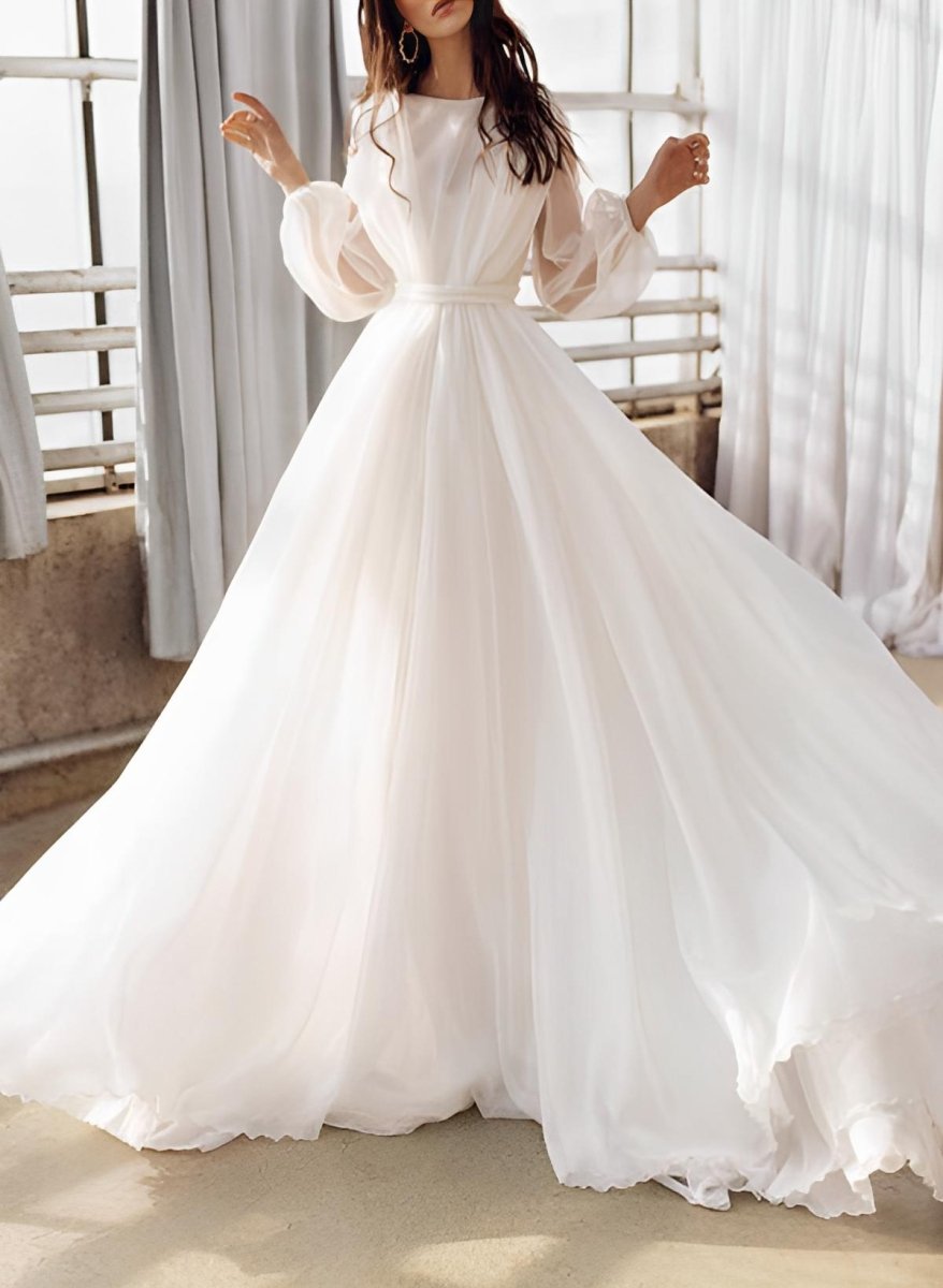 A - Line Illusion Neck Long Sleeves Sweep Train Organza Wedding Dresses - KissProm